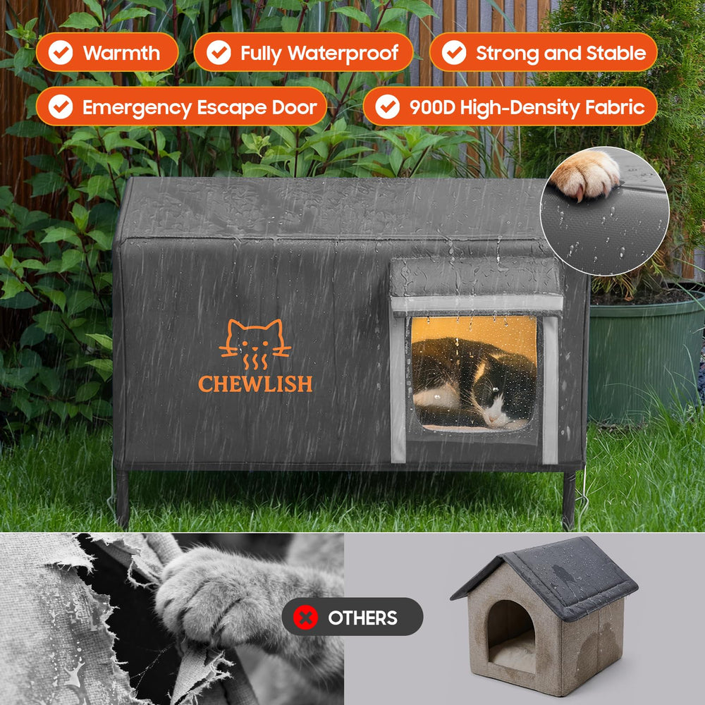 Chewlish outdoor heated cat house reinforced frame provides sturdy shelter against weather.