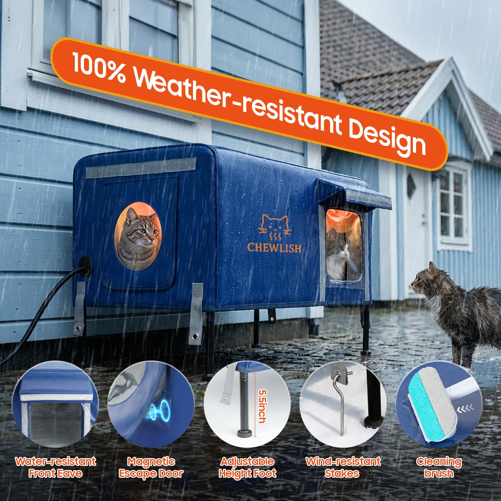 Chewlish outdoor cat house extended eaves protect against rain and wind