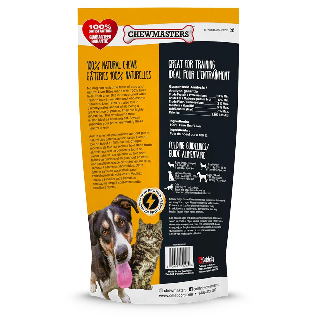 Chewmasters All-life-stages beef liver bites, suitable for puppies to seniors.