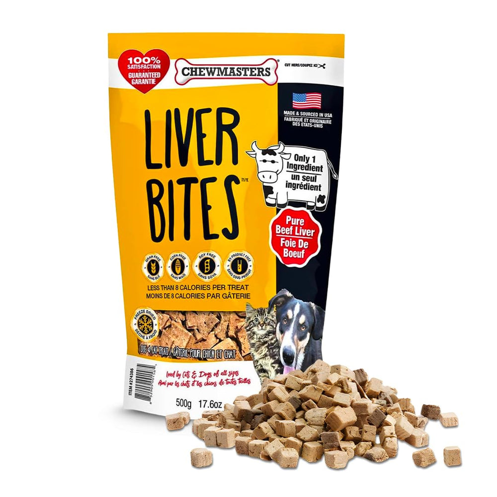 Chewmasters Beef Liver Bites texture close-up, crisp bite for focused training.