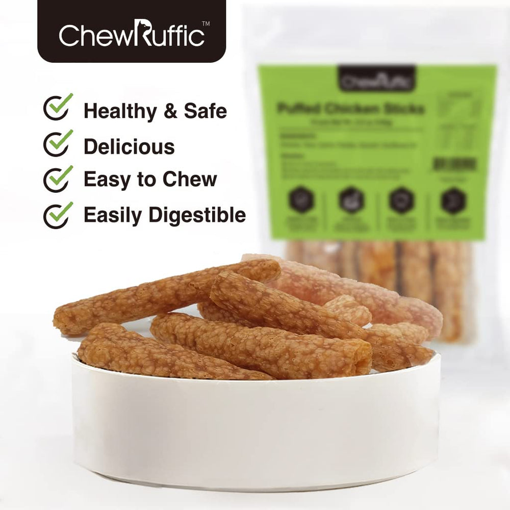 ChewRuffic Chicken Dog Chew Sticks porous structure close-up illustrates chewing-friendly texture