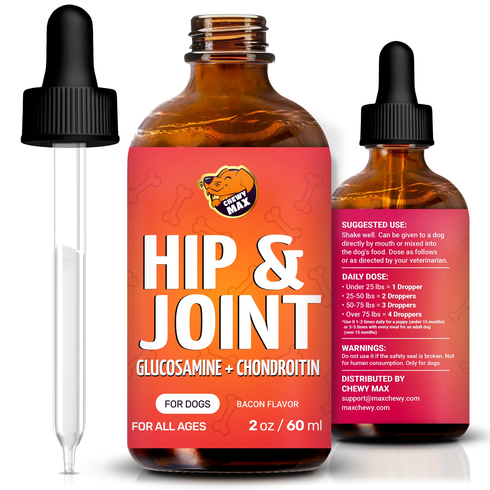 Chewy Max Glucosamine for Dogs bottle demonstrates daily joint support for active pets.