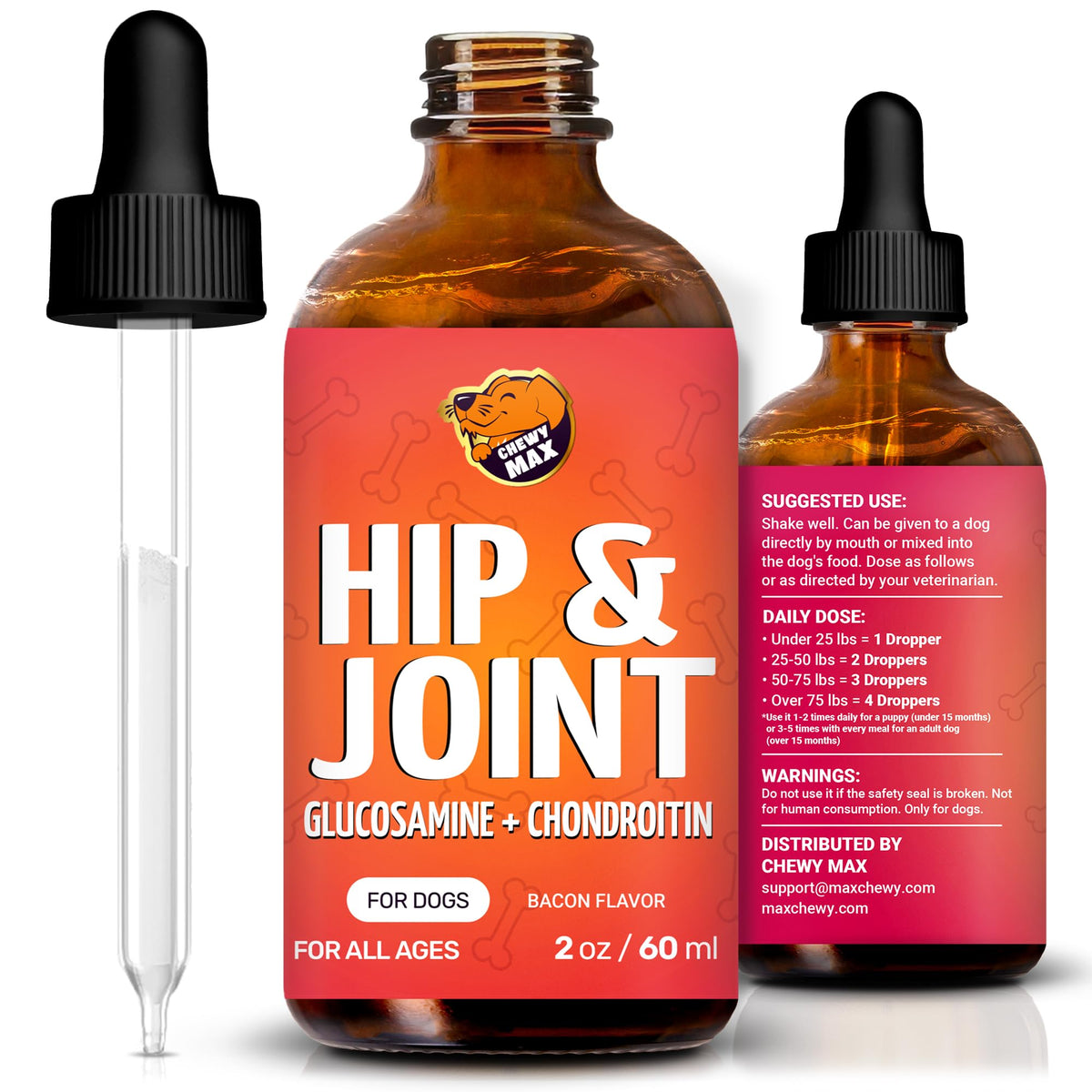 Chewy Max Glucosamine for Dogs bottle demonstrates daily joint support for active pets.