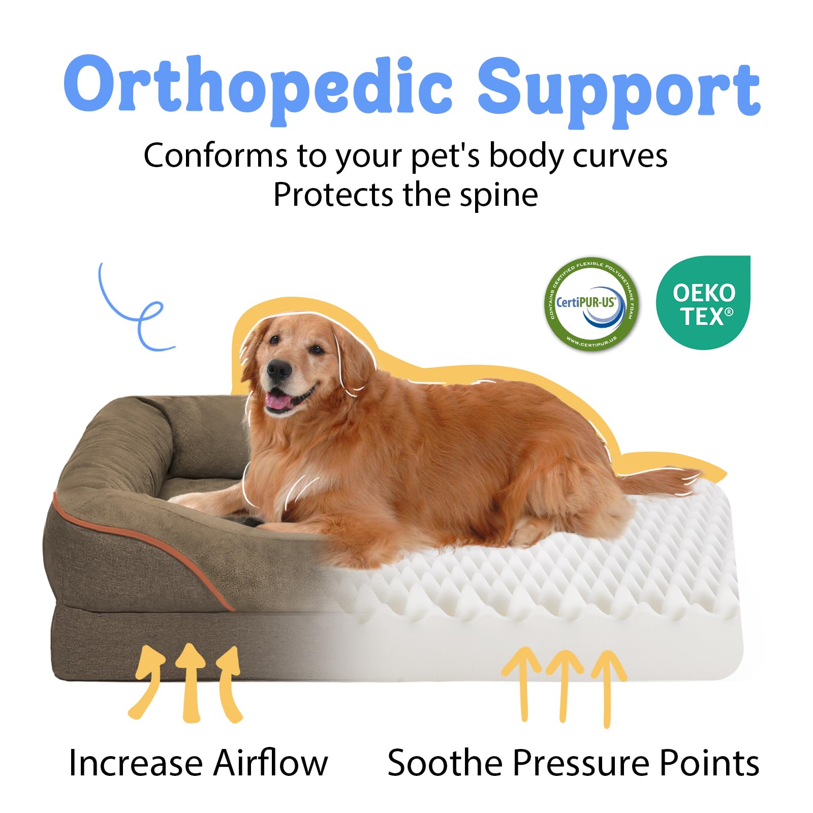 Chez Paw orthopedic XL bed shows removable bolster for cozy head and neck support.