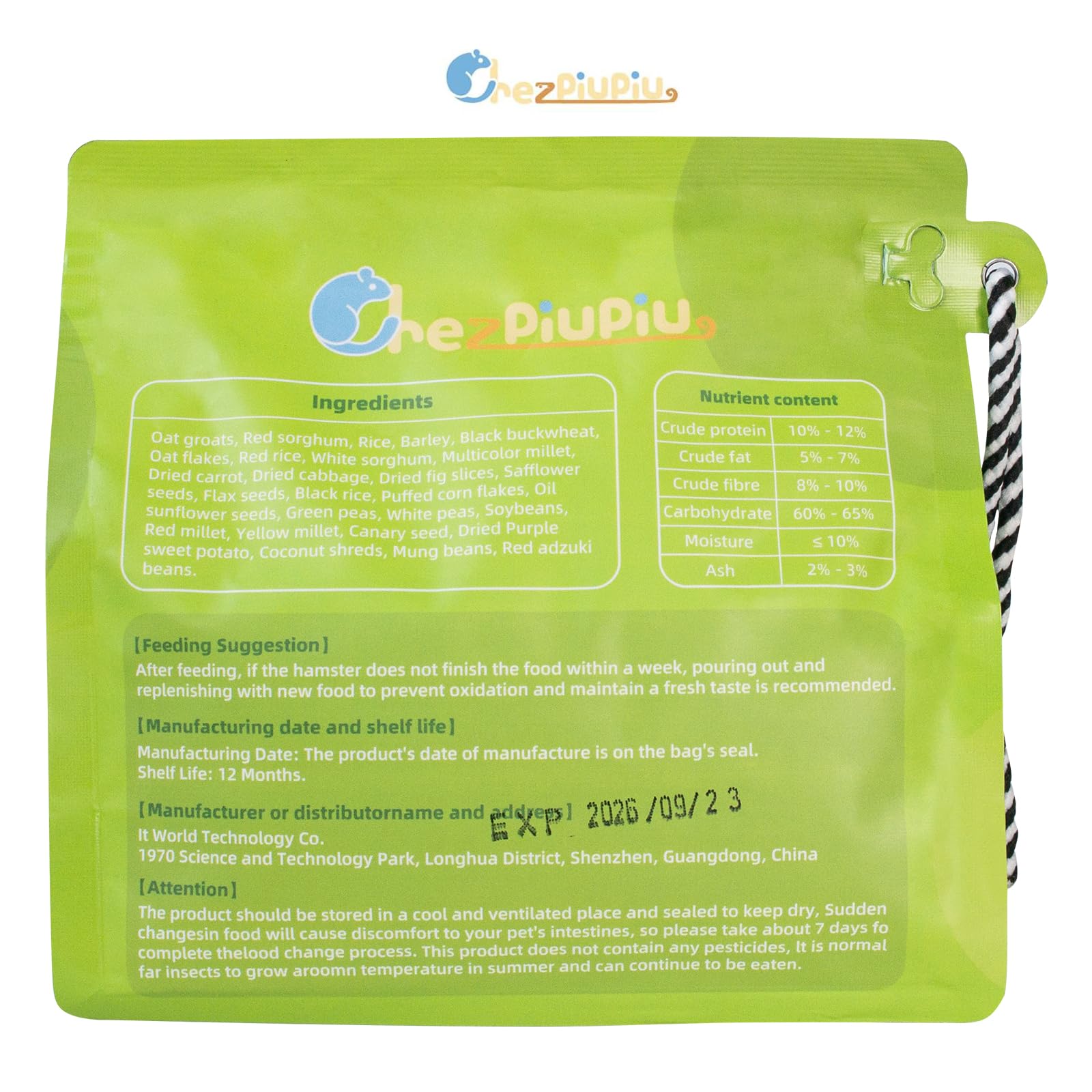chezpiupiu 1lb hamster food bag next to hamsters silhouette for routine feeding