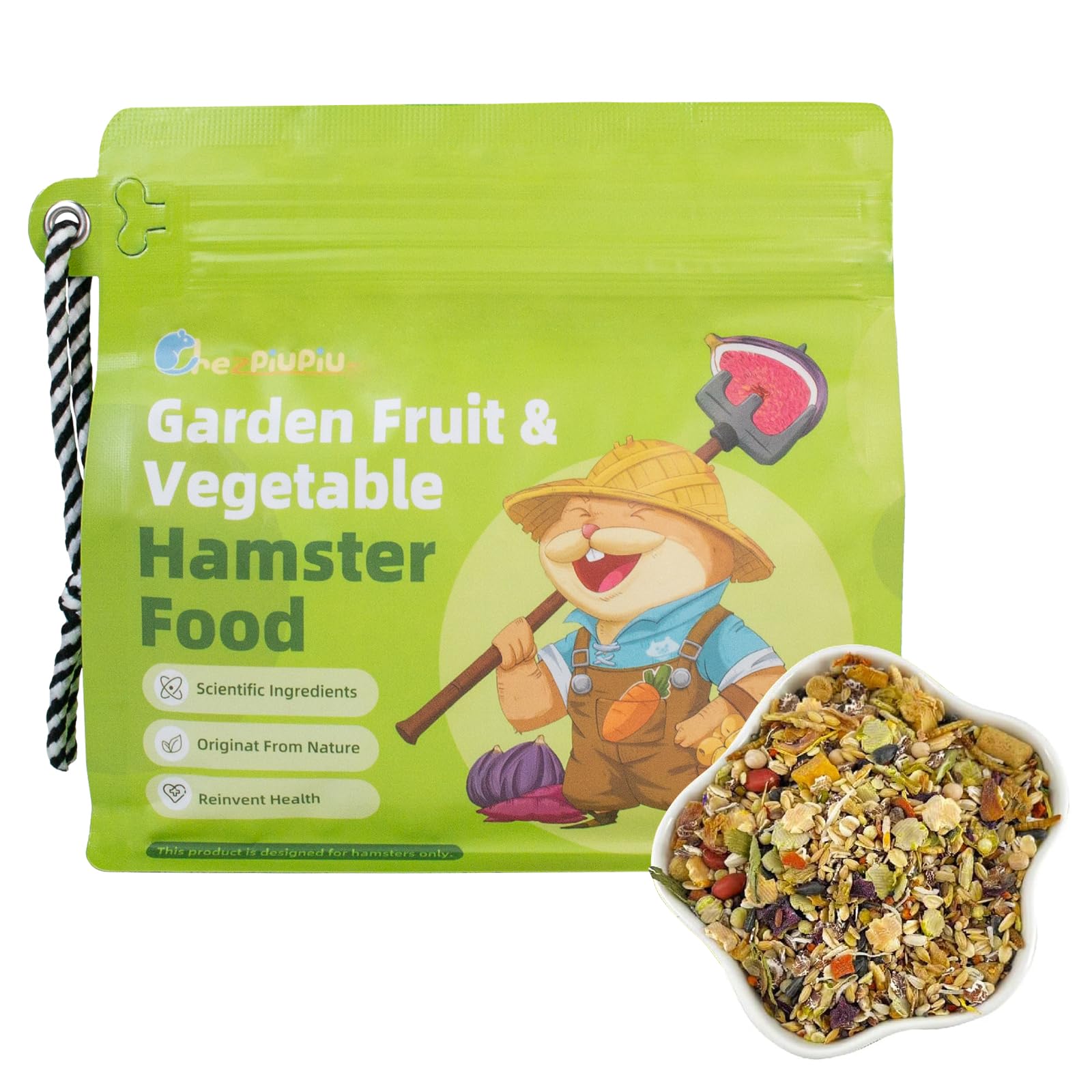 chezpiupiu garden fruit and vegetable hamster food bag labeled natural ingredients for healthy snacking