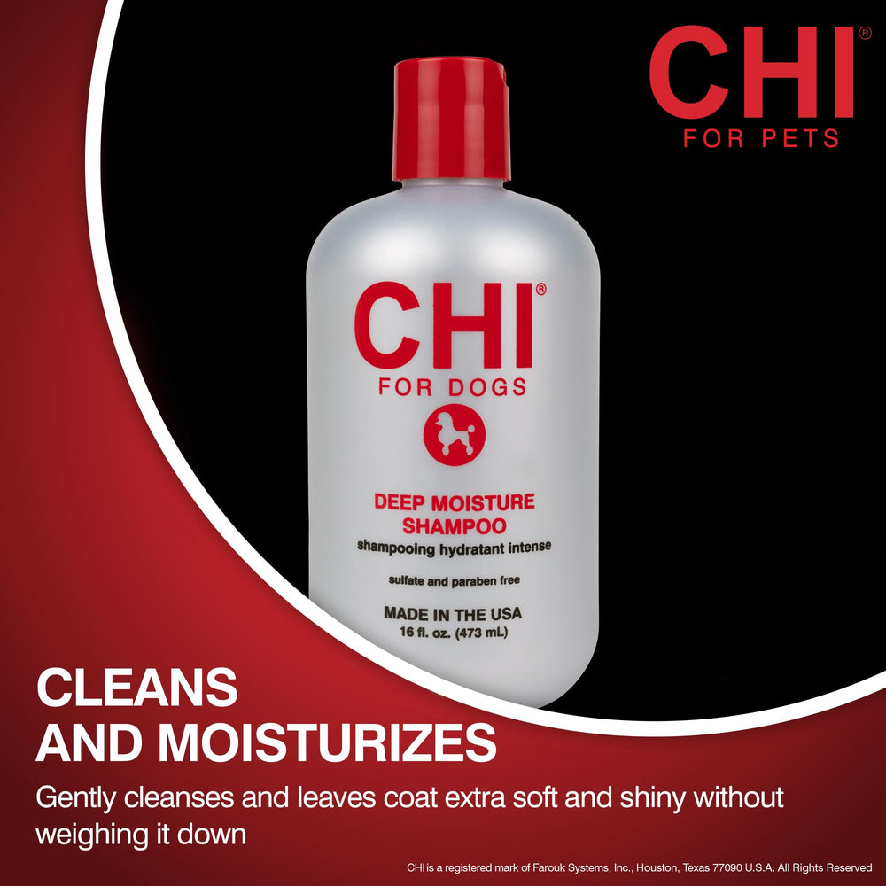 CHI For Dogs Deep Moisture Shampoo rinse showing a shiny coat finish