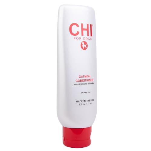 Close-up of CHI for Dogs Oatmeal Conditioner on a dog's coat for softness and shine