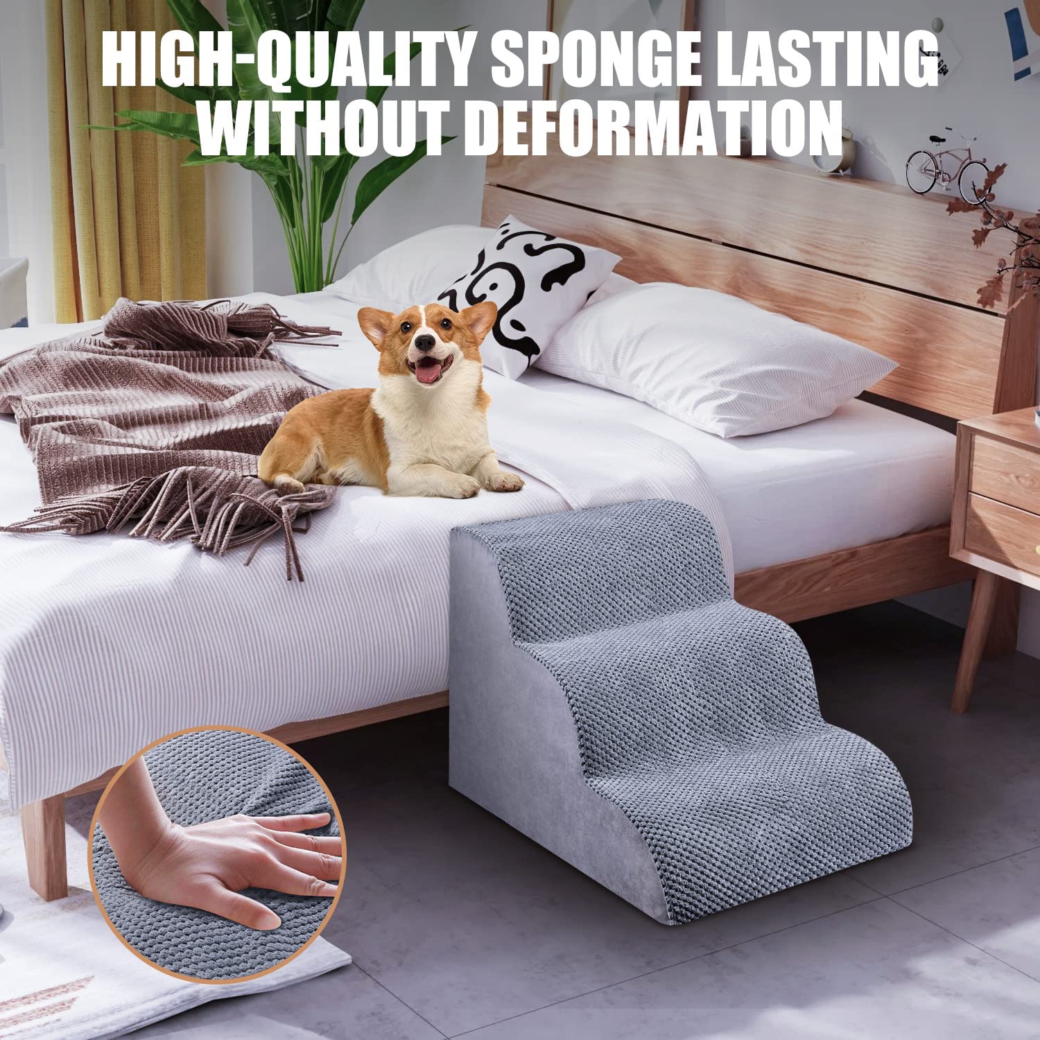 Chic Threads dog stairs removable cover — easy machine wash cleaning for hygiene.