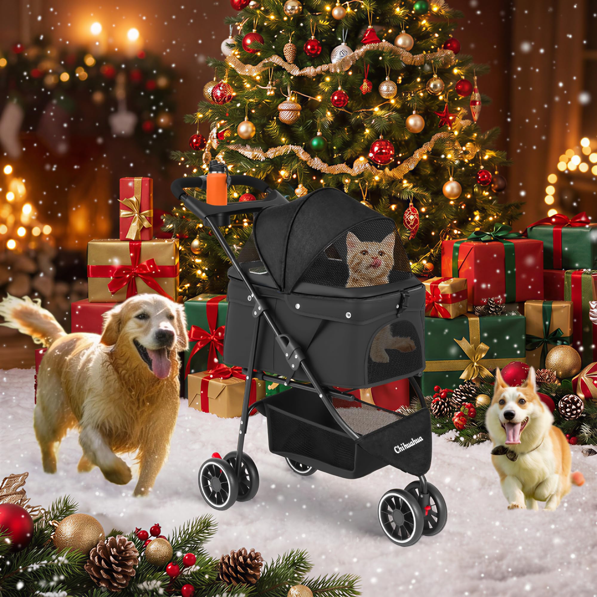 Chihuahua pet stroller cup-holder-accessory highlights convenient drinks during walks.