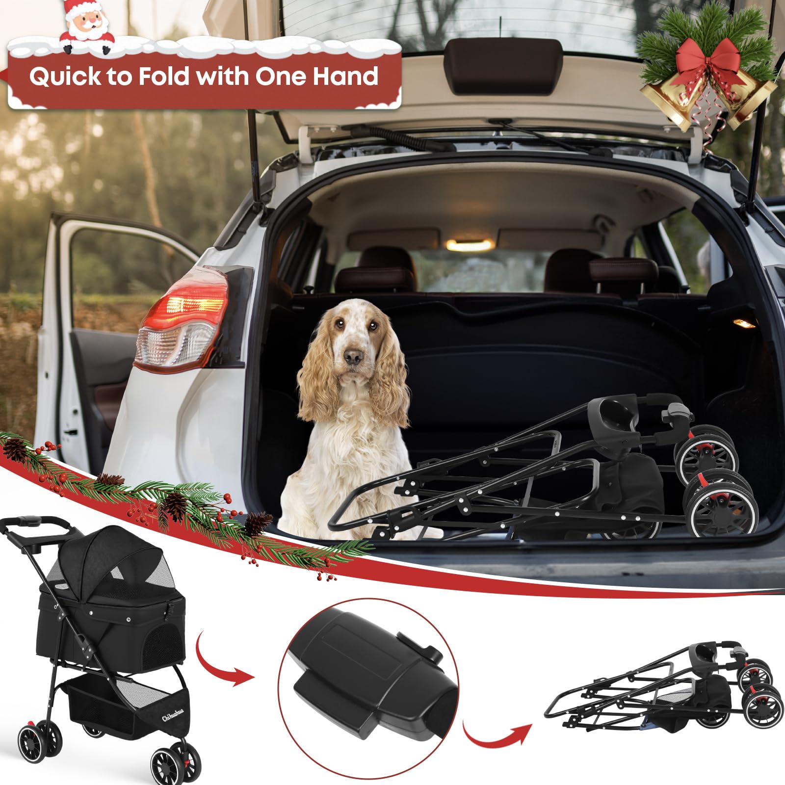 Chihuahua pet stroller interior-cargo emphasizes storage basket for pet supplies on outings.