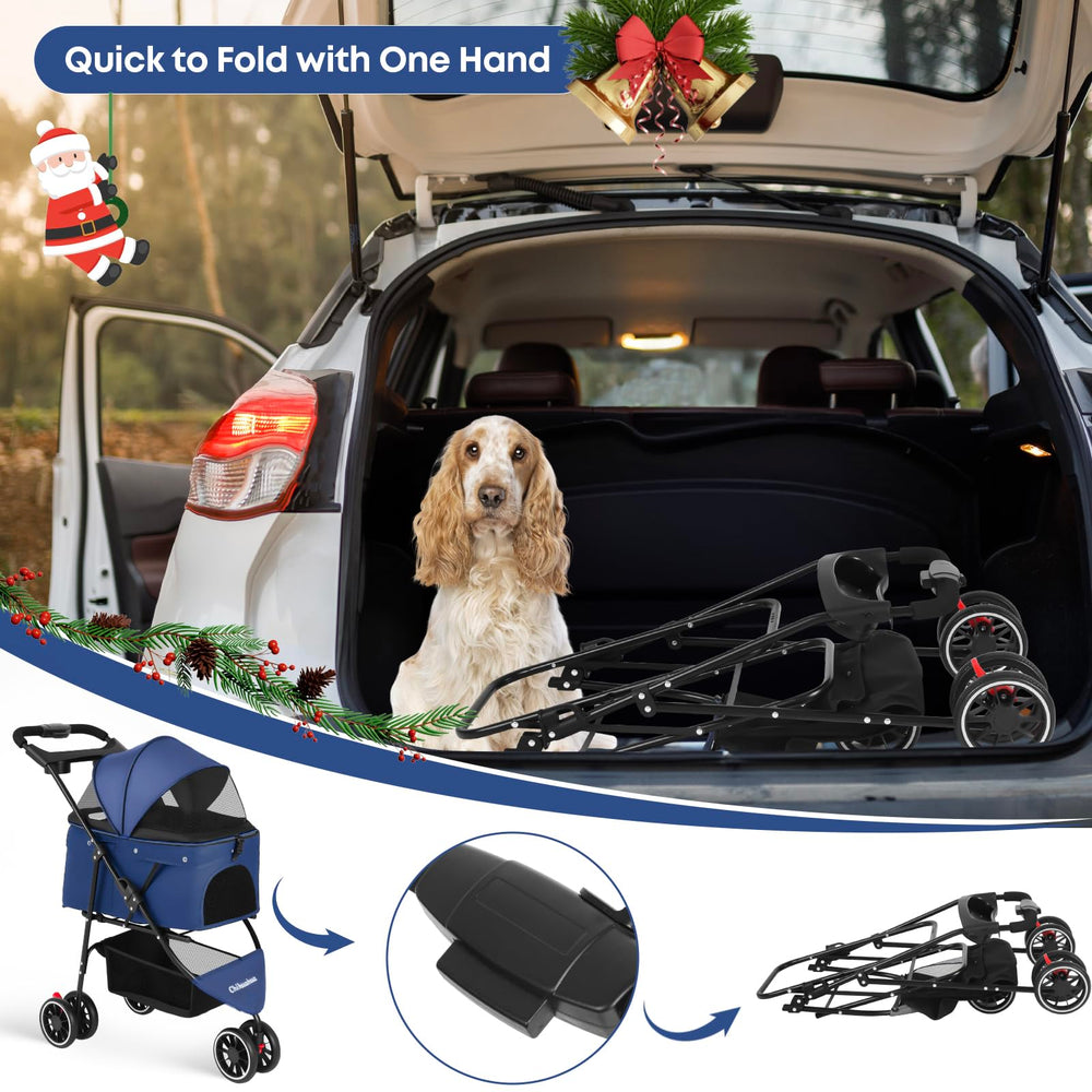 Chihuahua pet stroller navy cup-holders demonstrate convenient hydration on strolls.