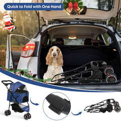 Chihuahua pet stroller navy cup-holders demonstrate convenient hydration on strolls.