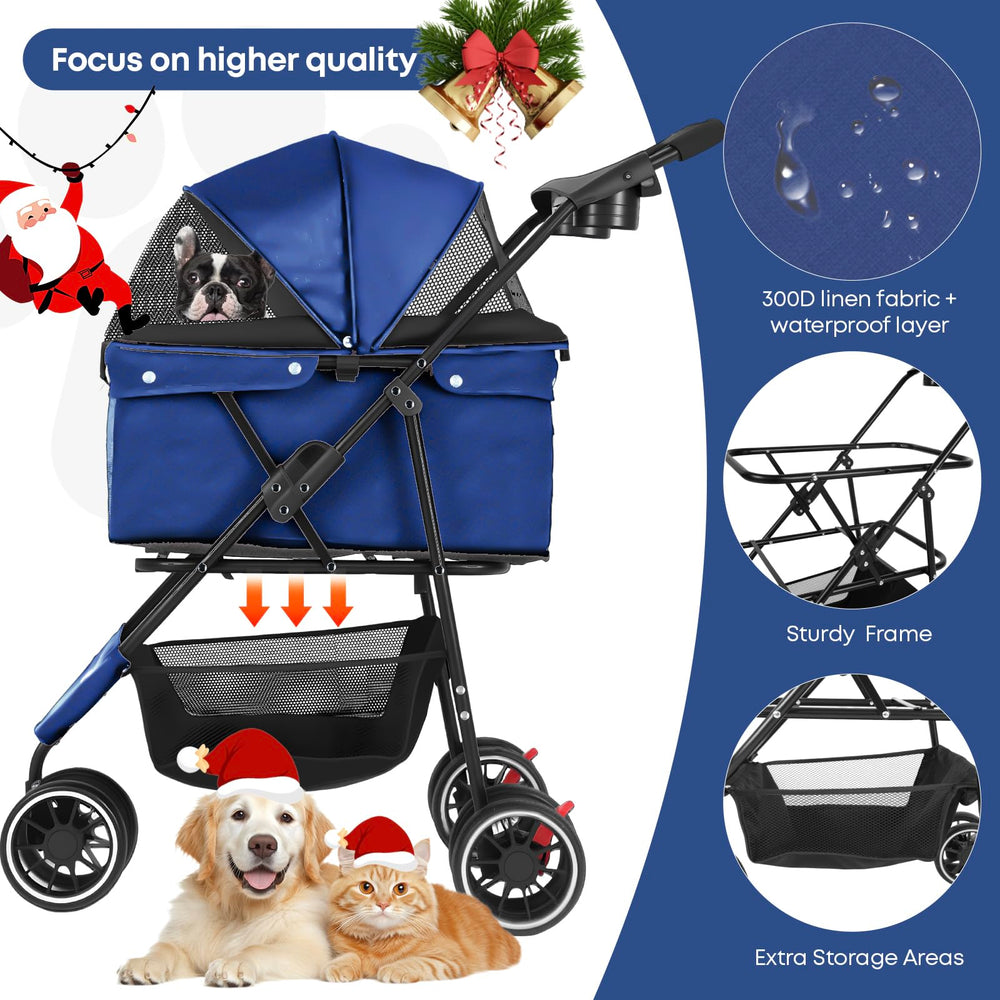 Chihuahua pet stroller navy folded view emphasizes compact storage for travel.