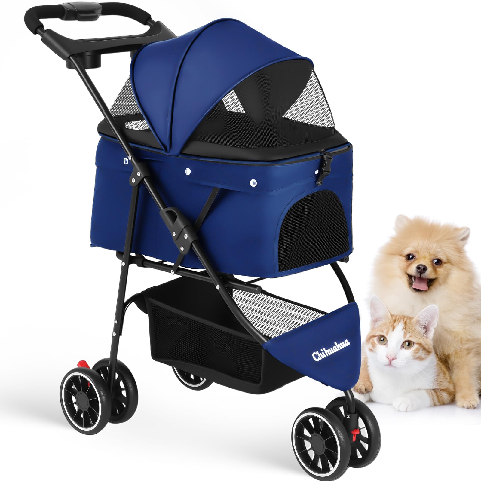 Chihuahua pet stroller navy front-view shows effortless access and safety.