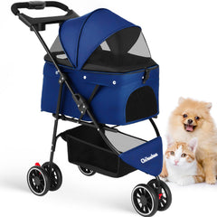 Chihuahua pet stroller navy front-view shows effortless access and safety.