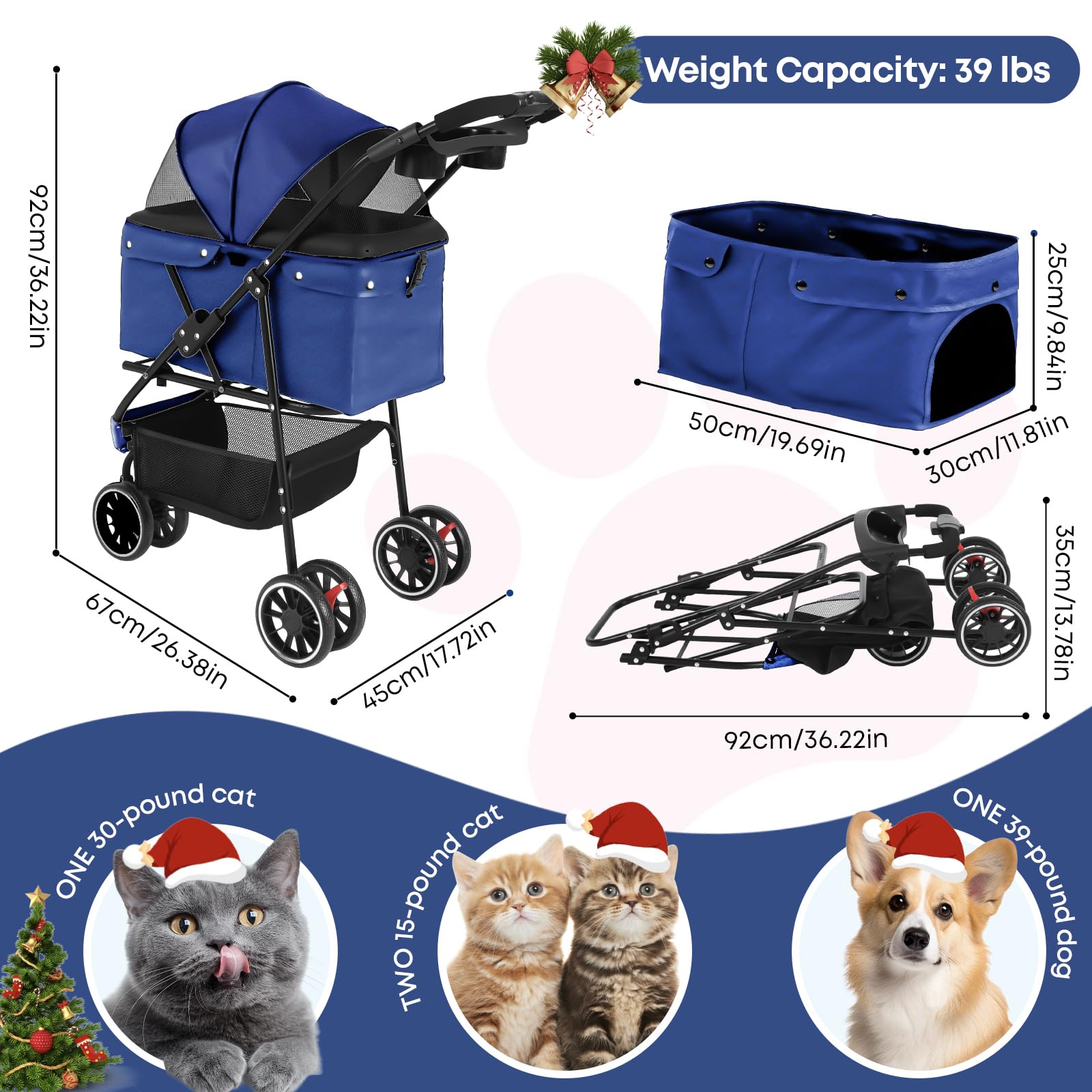 Chihuahua pet stroller navy side-view highlights breathable mesh for pet comfort.