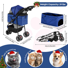 Chihuahua pet stroller navy side-view highlights breathable mesh for pet comfort.