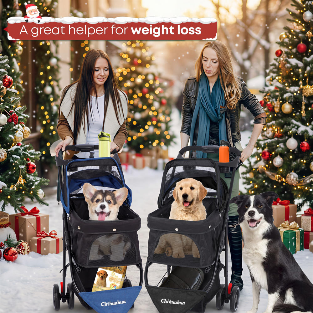 Chihuahua pet stroller navy storage-basket reveals generous space for gear.
