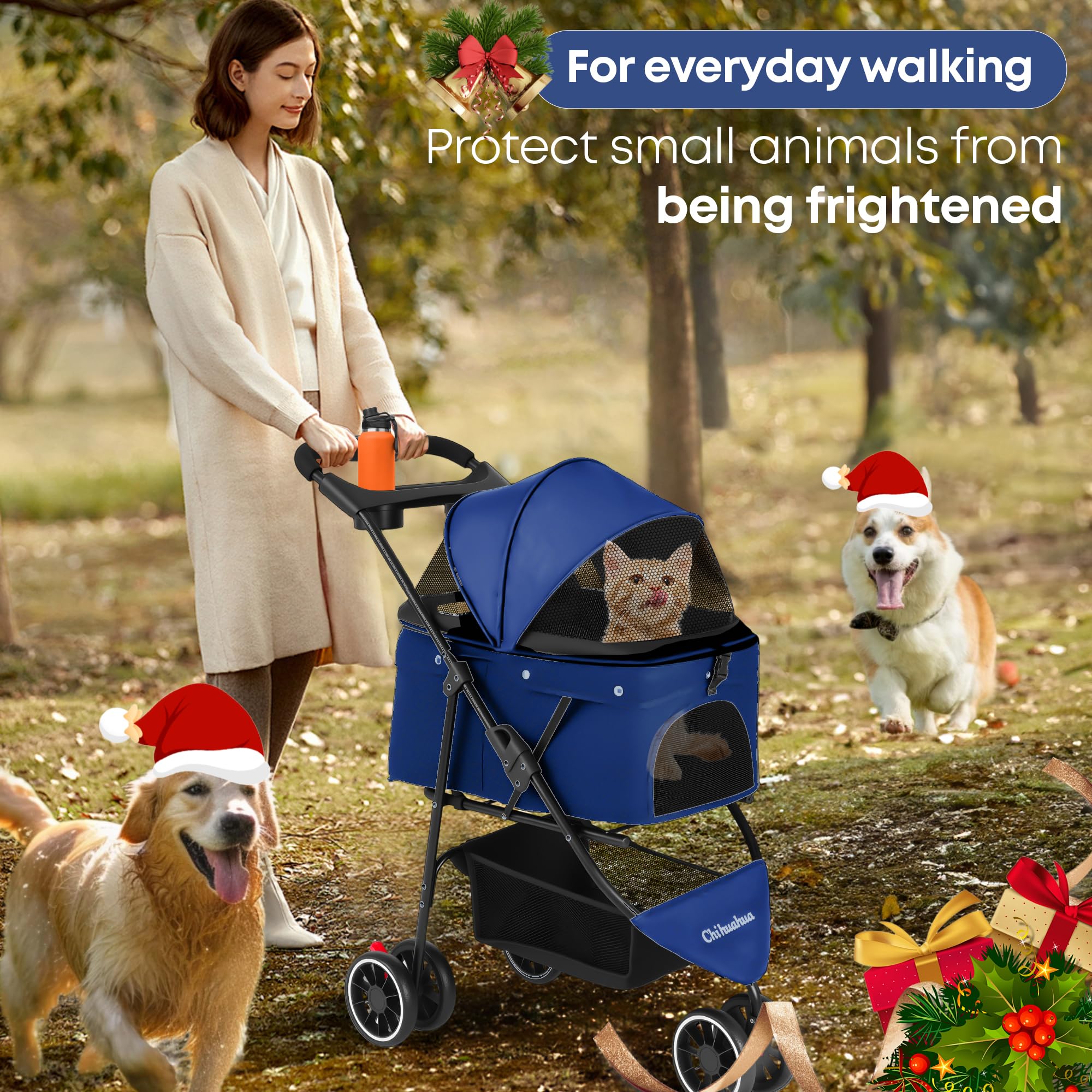 Chihuahua pet stroller navy wheel-action shows smooth maneuverability on sidewalks.