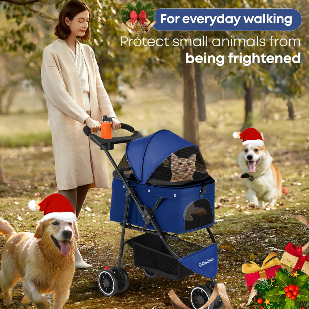Chihuahua pet stroller navy wheel-action shows smooth maneuverability on sidewalks.