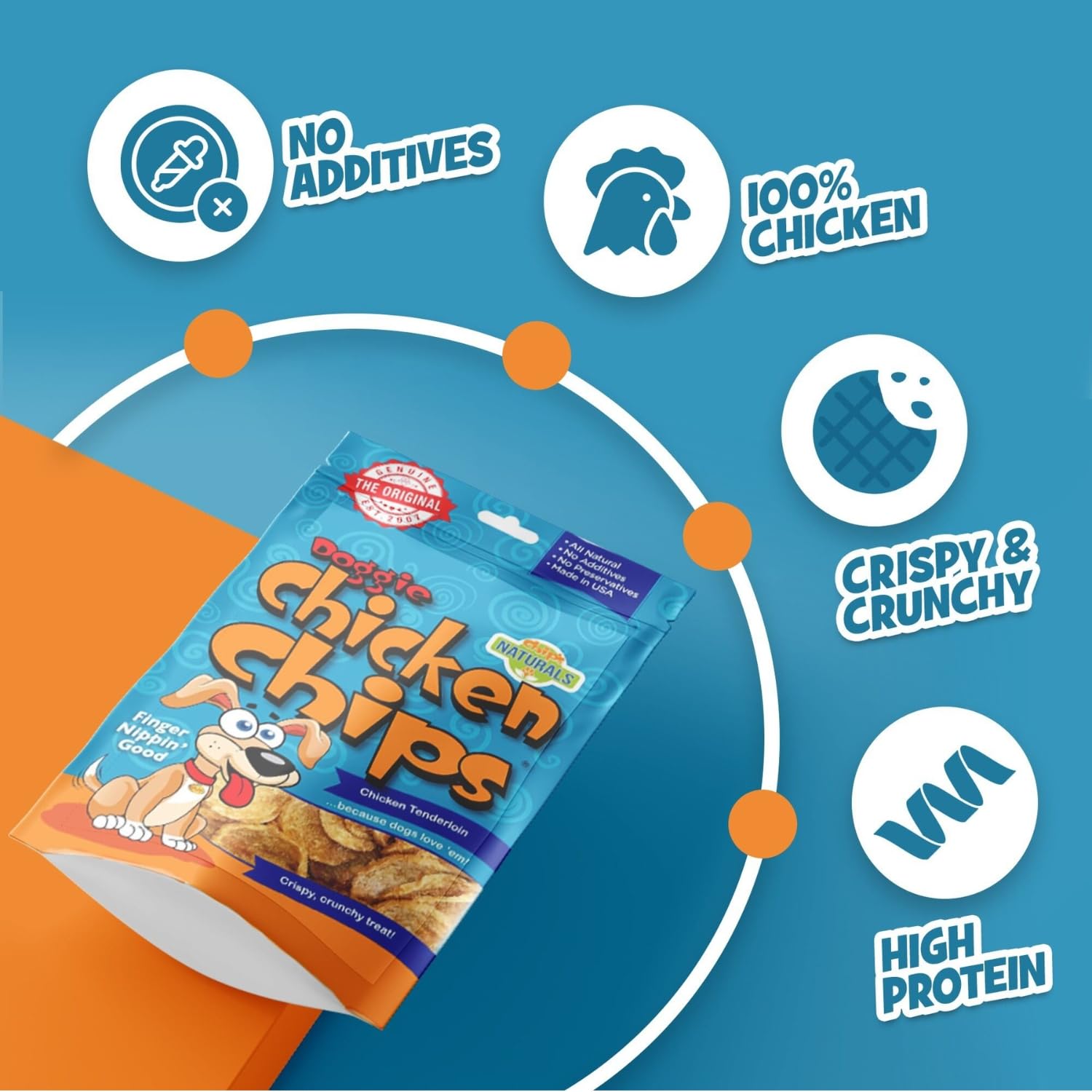 Chip's Naturals Doggie Chicken Chips crispy texture provides satisfying crunch during snacks.
