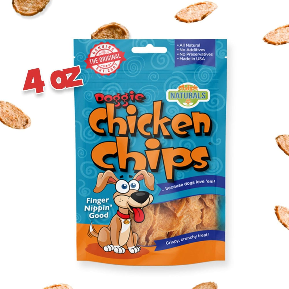 Chip's Naturals Doggie Chicken Chips dogs treats image emphasizes a single ingredient USA made chicken snack.