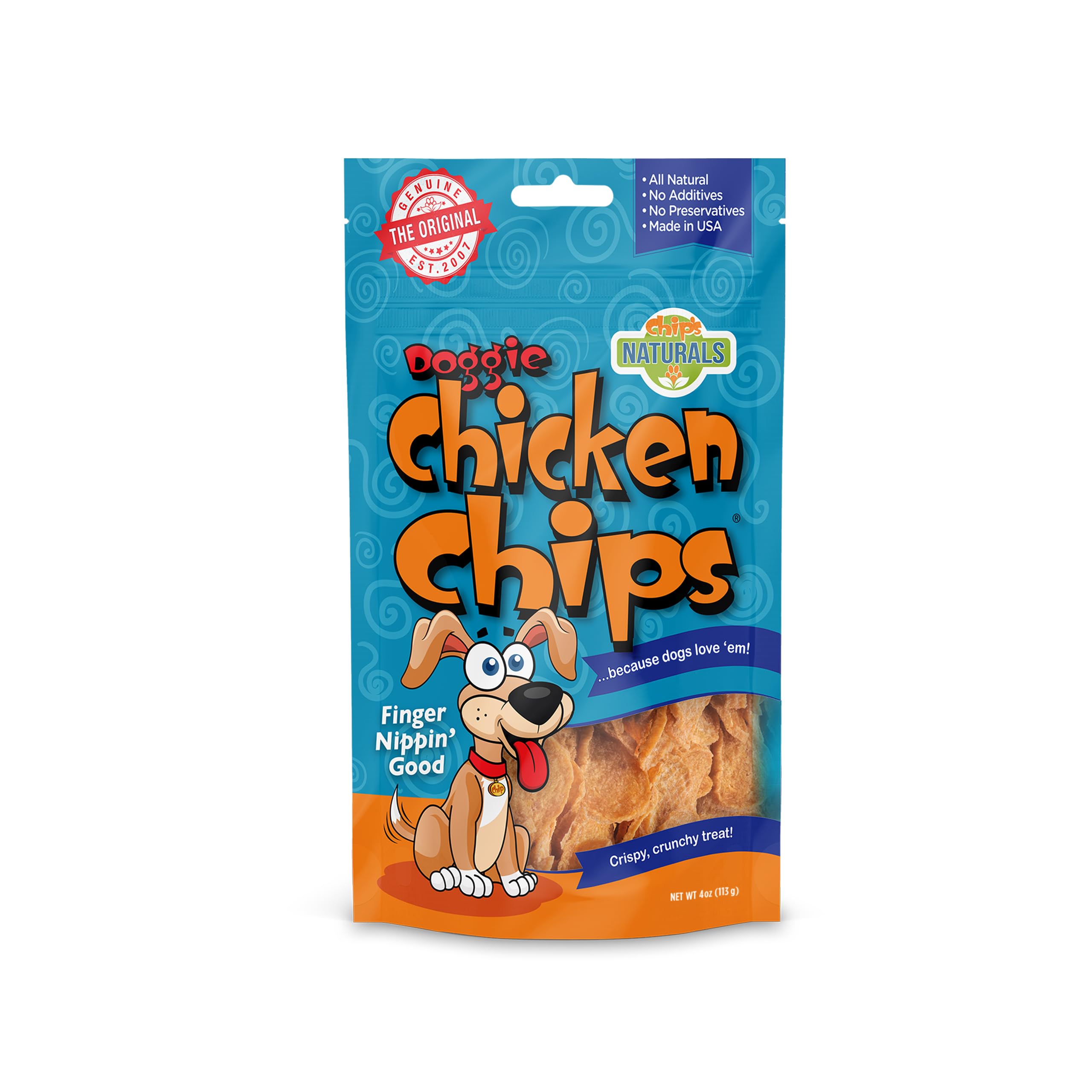 Chip's Naturals Doggie Chicken Chips packshot shows natural high protein treats for training rewards.