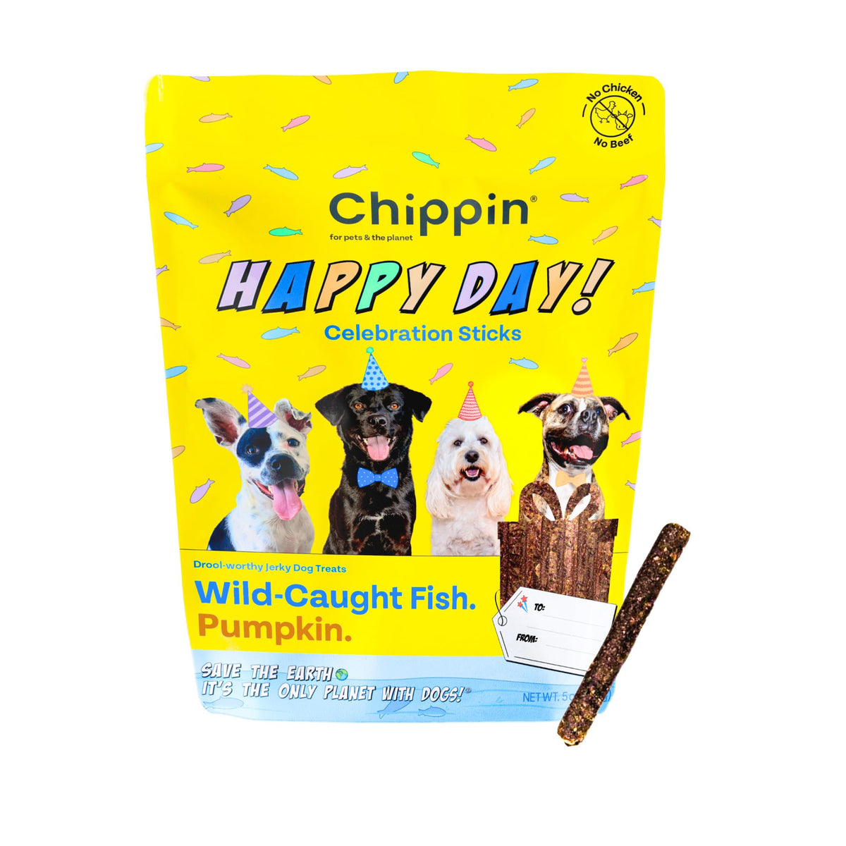 Chippin dog birthday soft treat packaging on party backdrop, ideal giftable celebration.