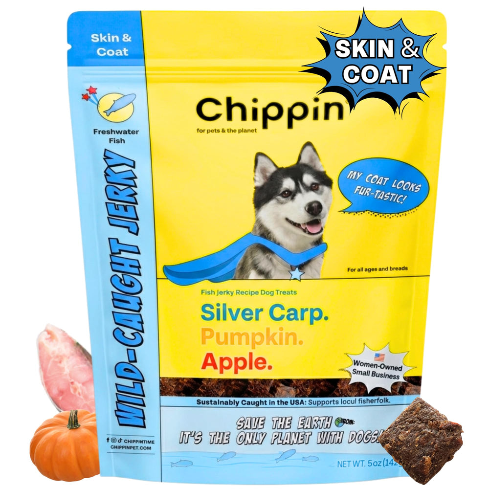 Chippin fish-pumpkin-apple-grain-free treats packaging-front highlights USA-sourced protein for sensitive stomachs.