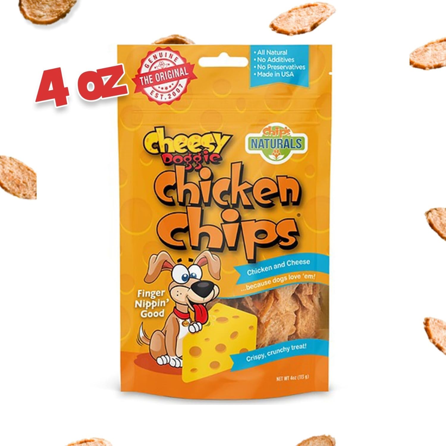 Chip's Naturals Cheesy Doggie Chicken Chips grain-free and gluten-free option in shot.