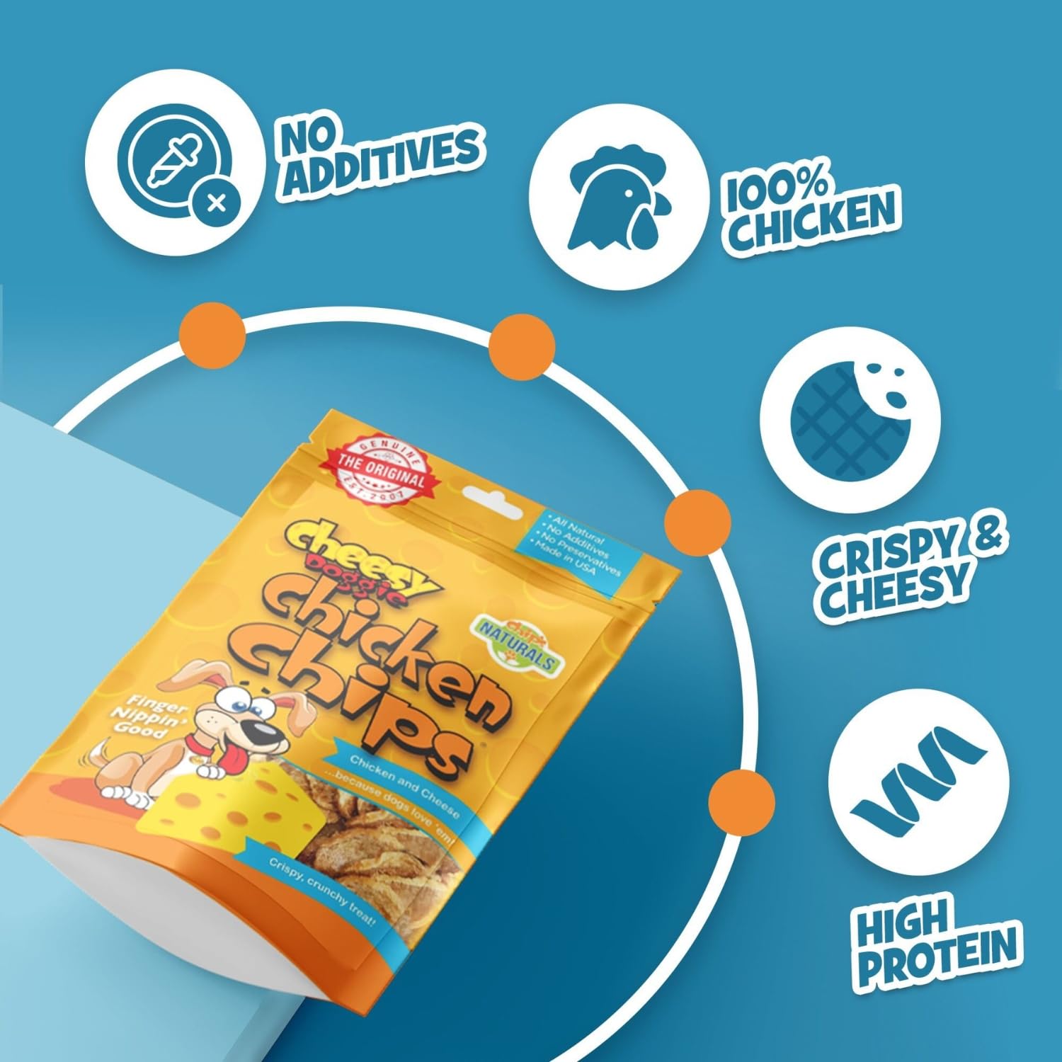 Chip's Naturals Cheesy Doggie Chicken Chips small-dog friendly bite-sized serving.