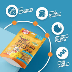 Chip's Naturals Cheesy Doggie Chicken Chips small-dog friendly bite-sized serving.
