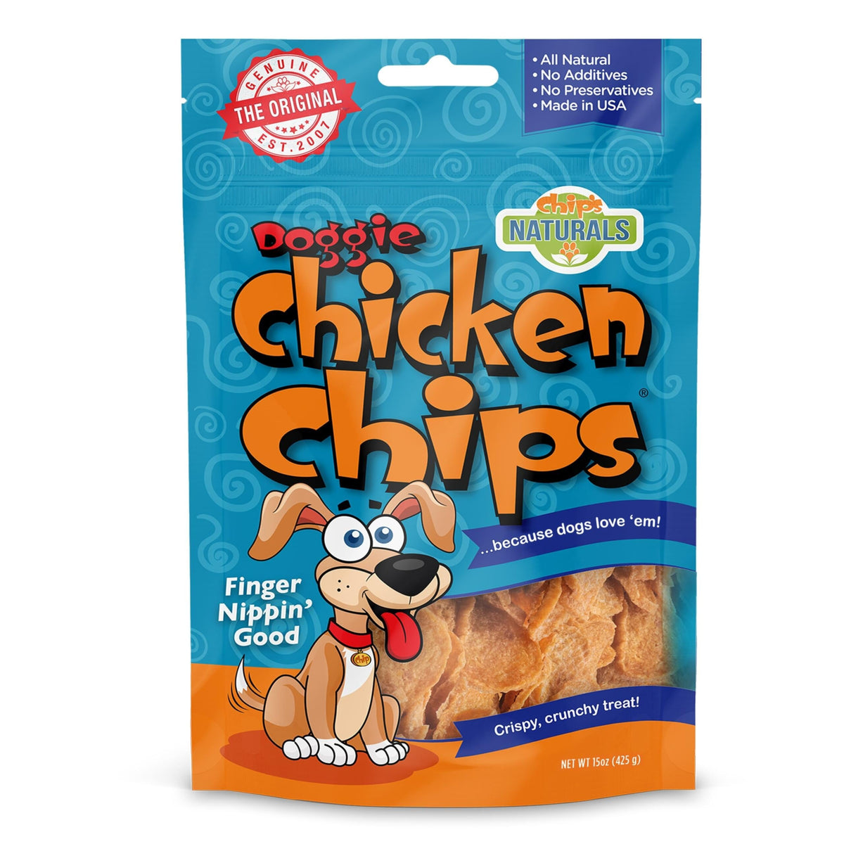 Chip's Naturals Doggie Chicken Chips large bag hero — high-protein, low-calorie dog treat for rewards.