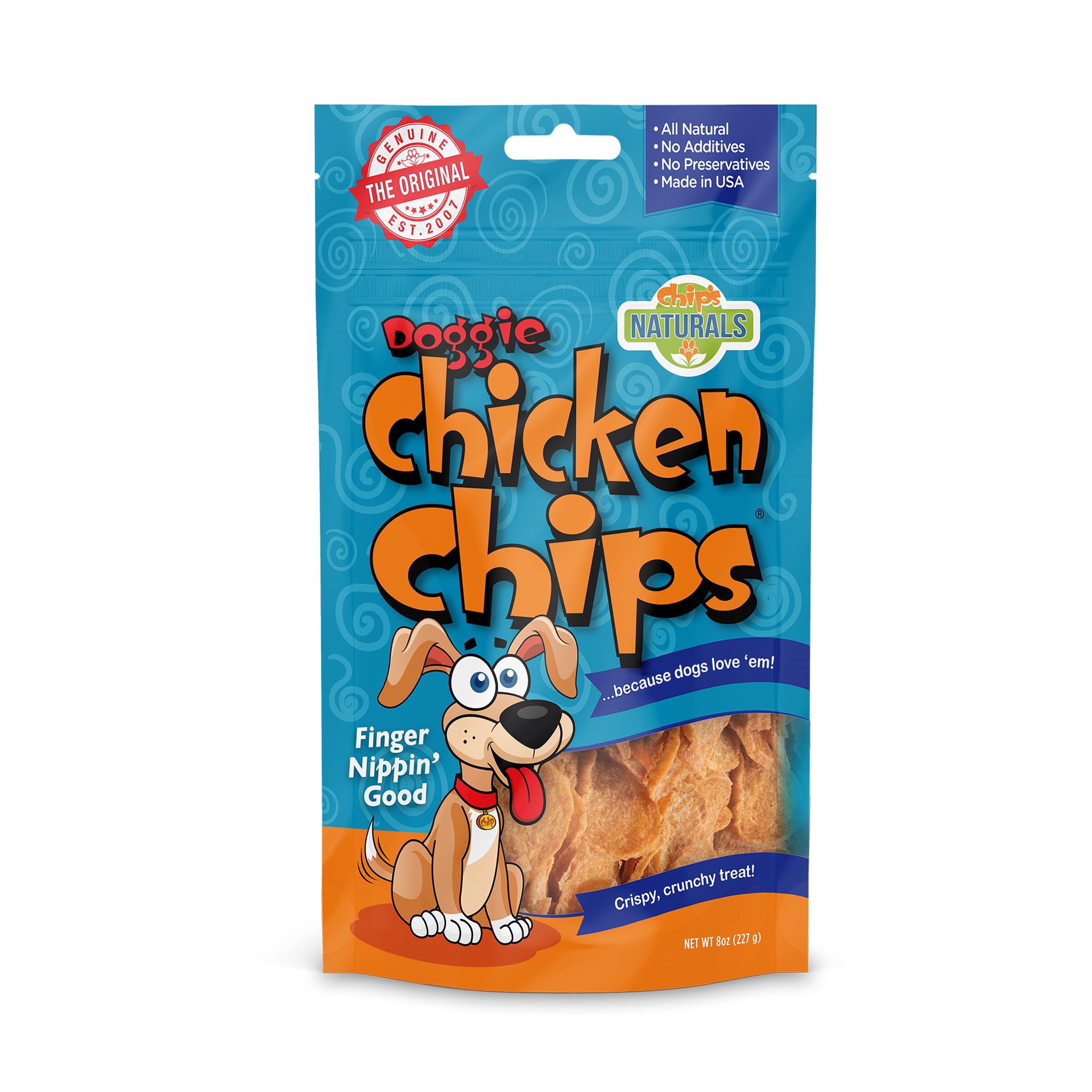 Chip's Naturals Doggie Chicken Chips package view showcasing USA-made, high-protein dog treats for training