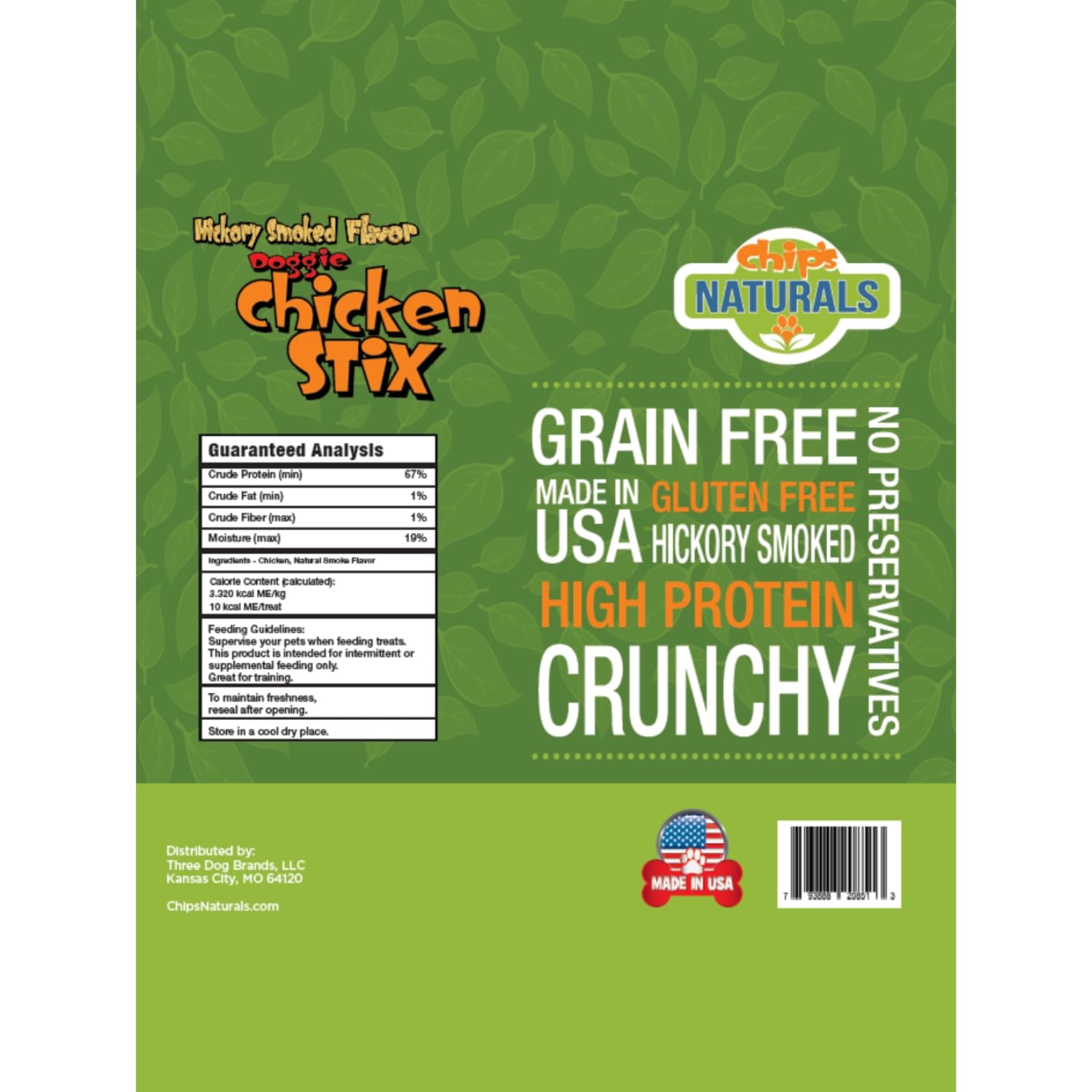 Chip's Naturals Doggie Chicken Stix bag closeup emphasizes natural smoke flavor as a tasty reward.