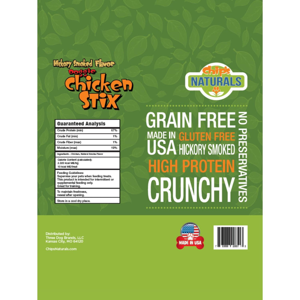 Chip's Naturals Doggie Chicken Stix bag closeup emphasizes natural smoke flavor as a tasty reward.