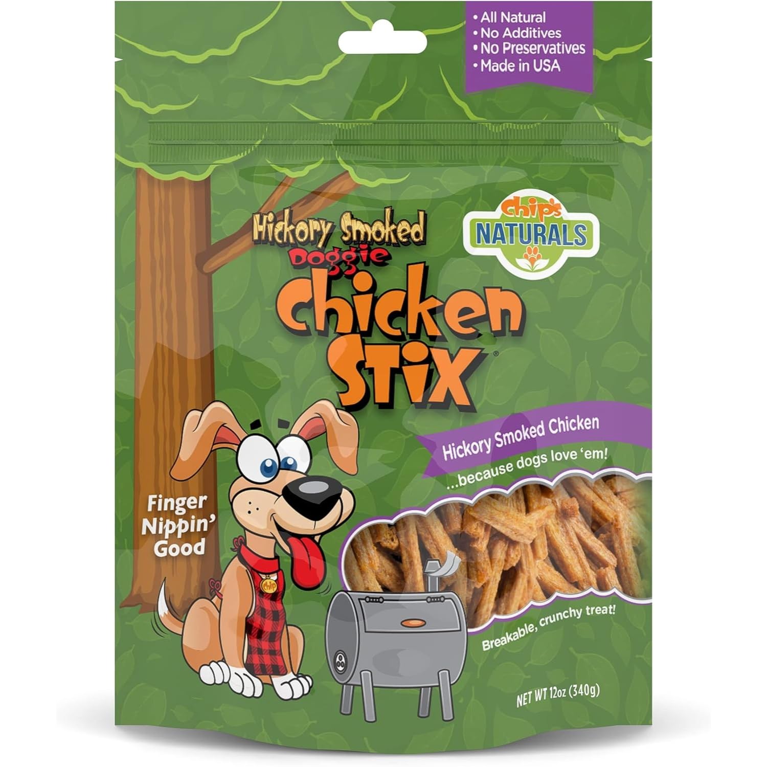 Chip's Naturals Doggie Chicken Stix bag front reveals smoky flavor for training rewards.