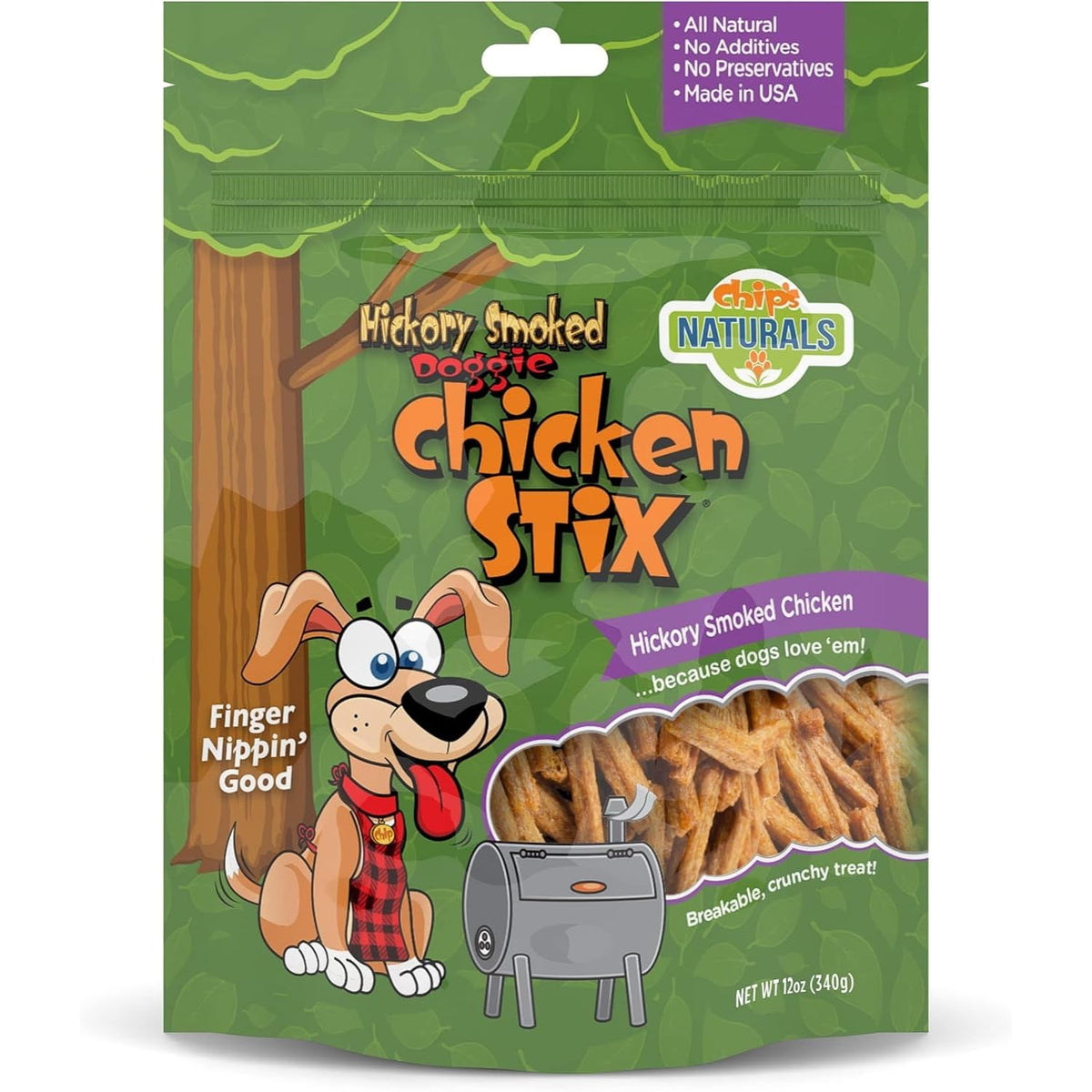 Chip's Naturals Doggie Chicken Stix bag front reveals smoky flavor for training rewards.