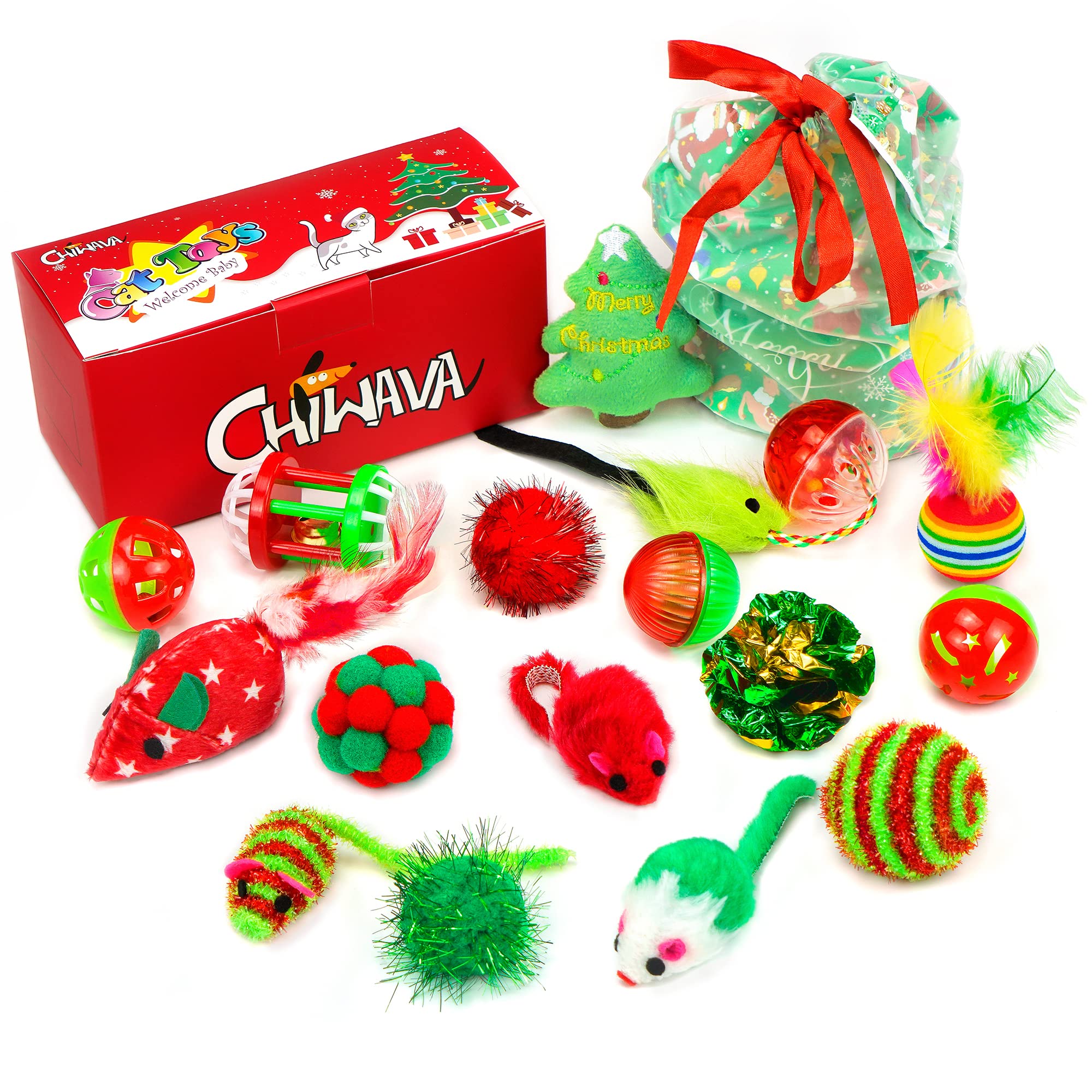 CHIWAVA 17-pack Christmas cat toy set with box mice promotes playful chasing and activity.