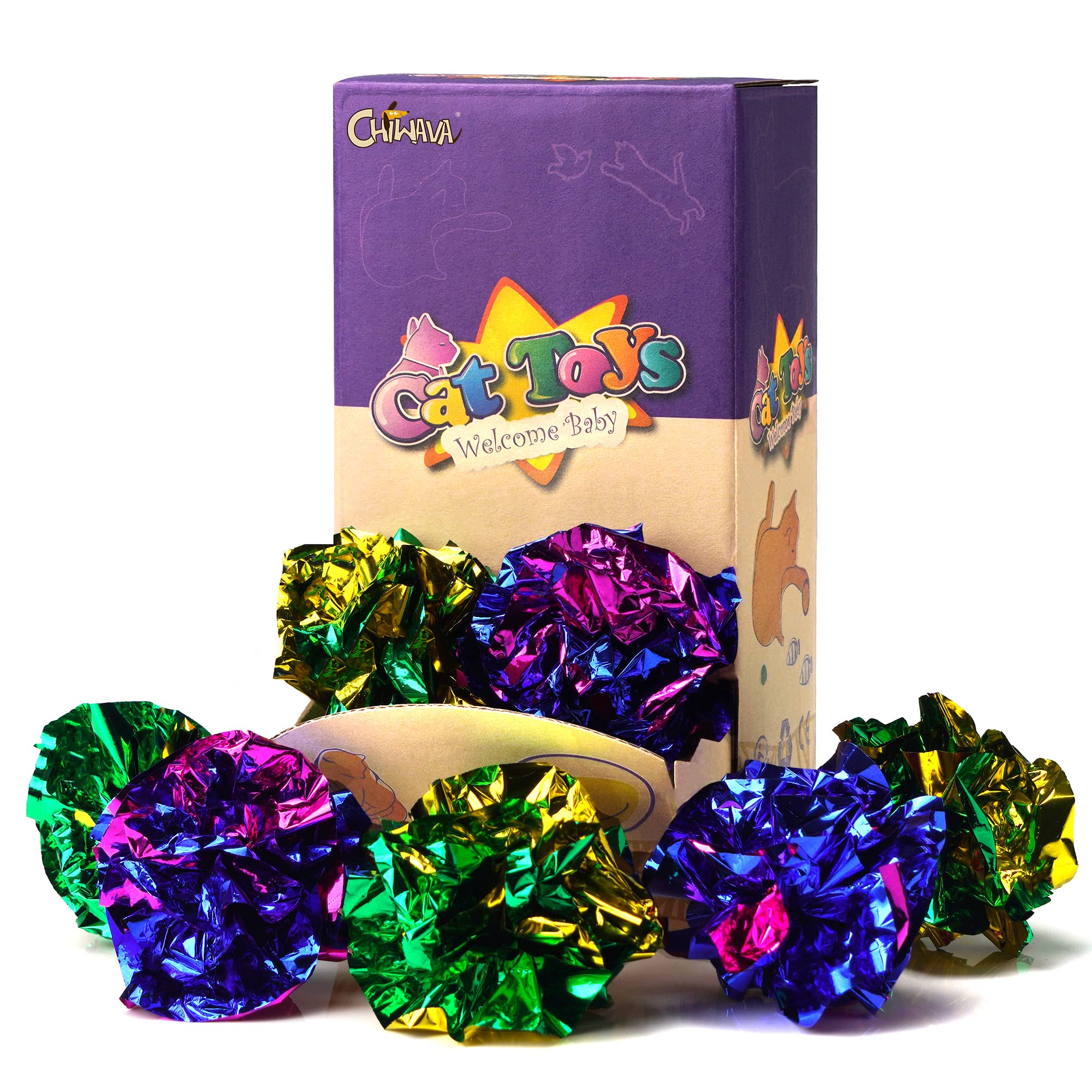 CHIWAVA mylar ball crinkle cat toy 24pcs for interactive play and sensory stimulation.