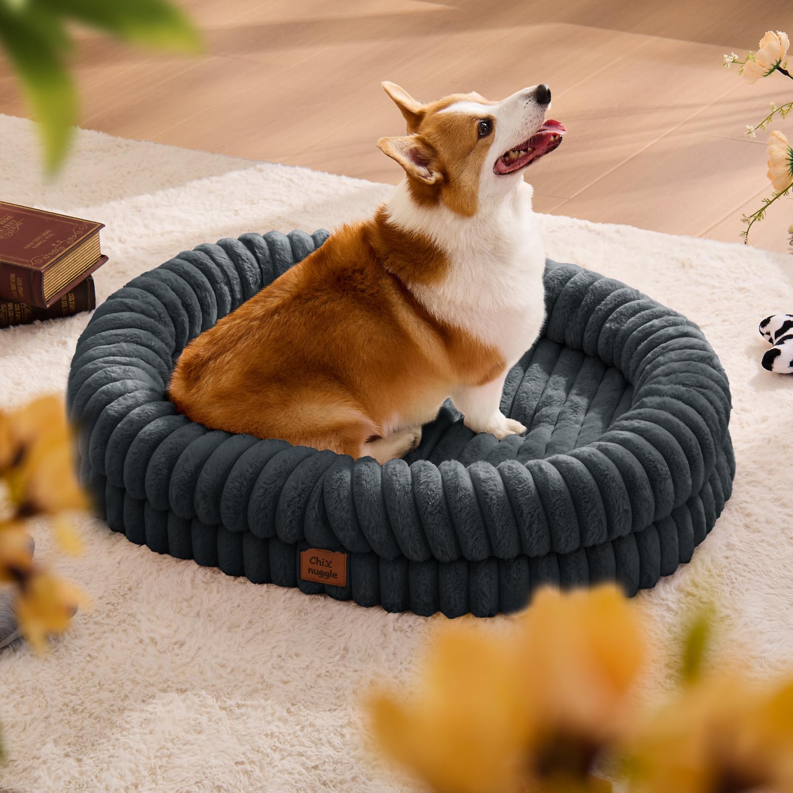 ChiXnuggle dog bed large striped faux fur front view highlighting plush texture for comfort