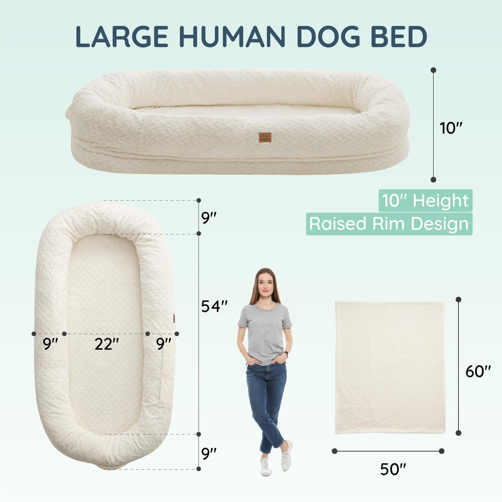 ChiXnuggle human dog bed ivory foam detail highlights supportive wave foam for spine comfort.