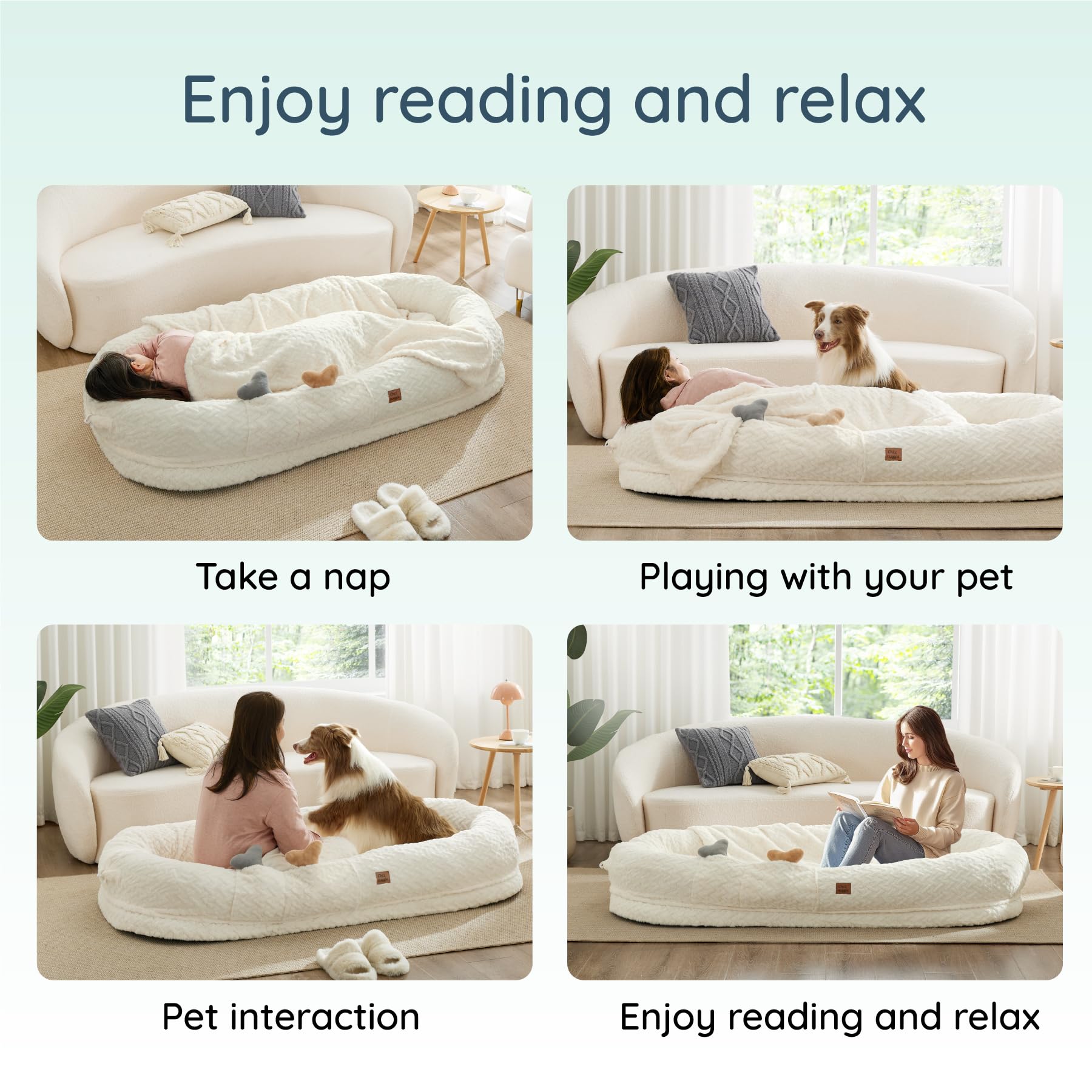 ChiXnuggle human dog bed ivory in-use with pet image communicates roomy comfort for shared lounging.