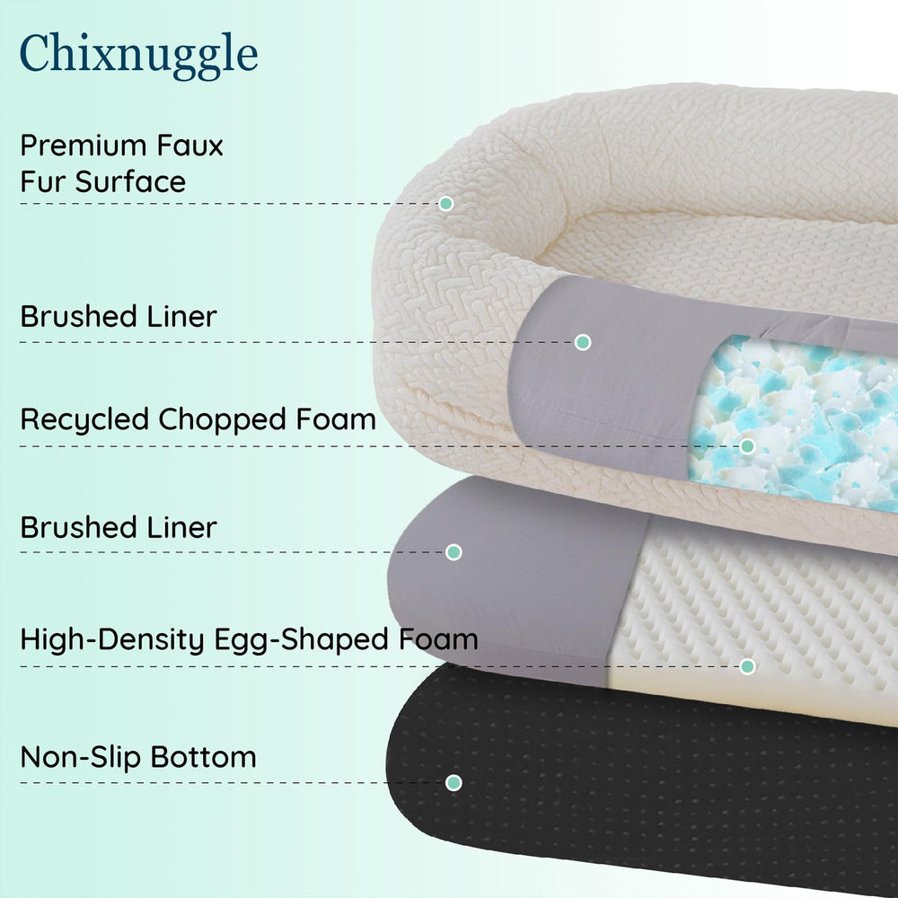 ChiXnuggle human dog bed ivory side-pocket close-up shows organized storage for essentials.