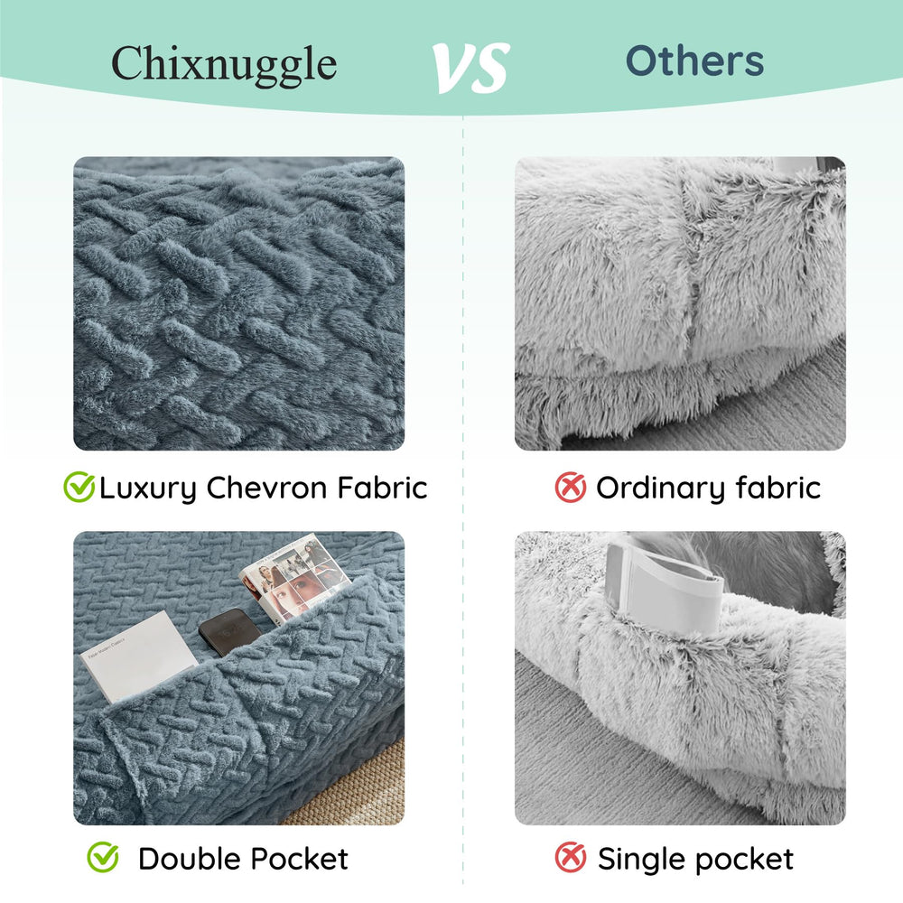 ChiXnuggle human dog bed ivory strap detail demonstrates easy transport and storage readiness.