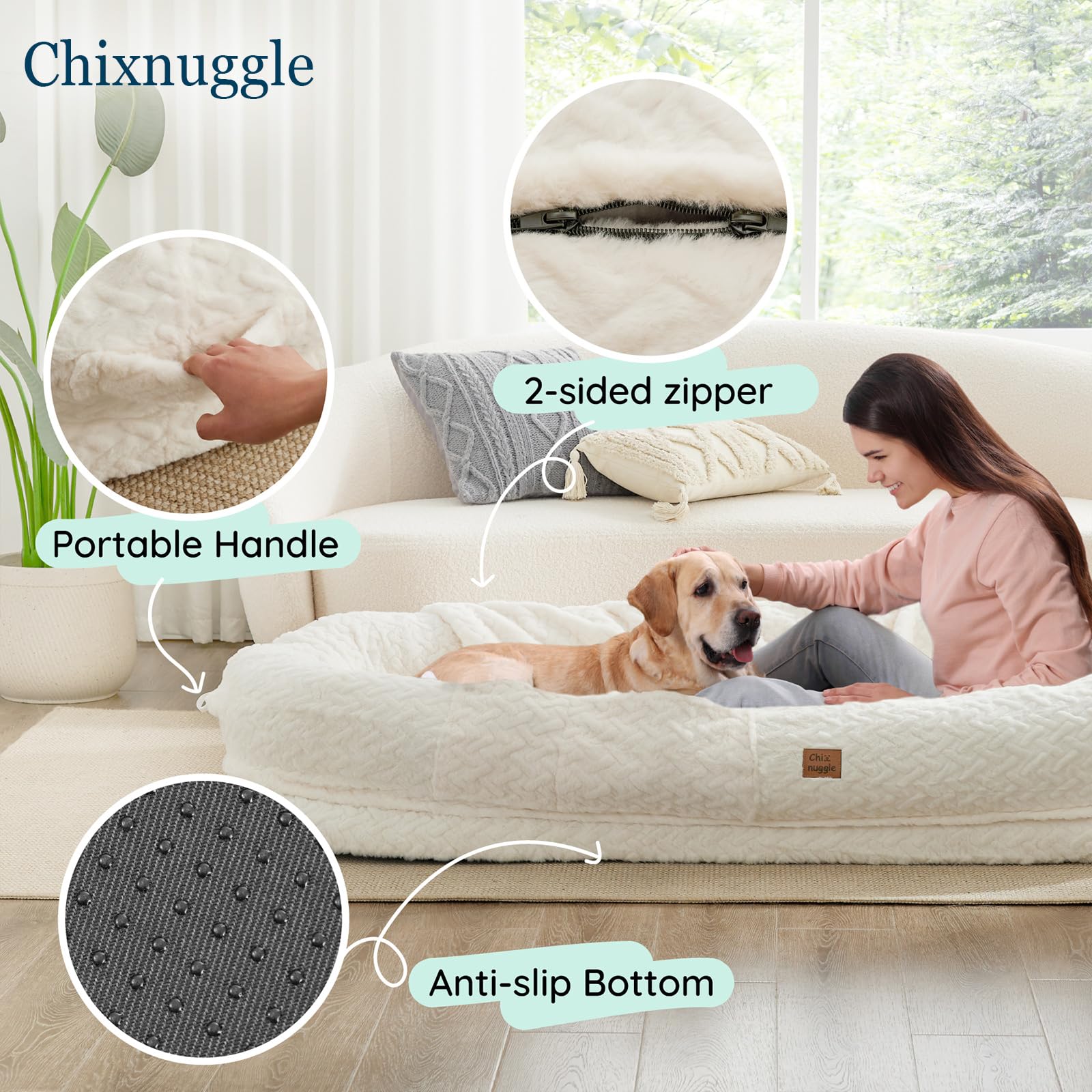 ChiXnuggle human dog bed ivory wrap-edge close-up illustrates head-to-neck support.