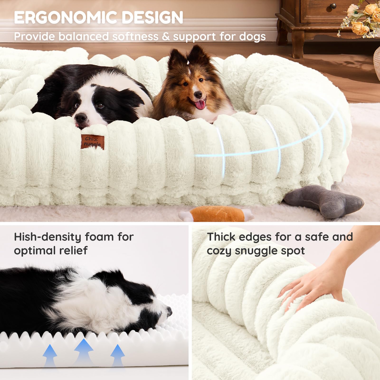 ChiXnuggle luxury-striped-fabric cream blanket adds plush warmth.