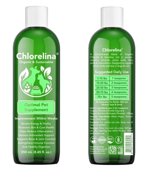 Chlorelina algae-based pet supplement bottle — supports coat health with plant omega-3s.