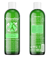 Chlorelina algae-based pet supplement bottle — supports coat health with plant omega-3s.